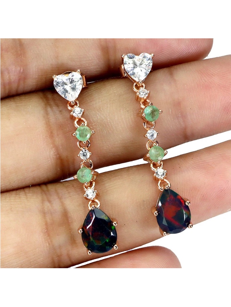 Natural Black Opal & Emerald Rose Gold Over 925 Sterling Silver Dangle Earrings